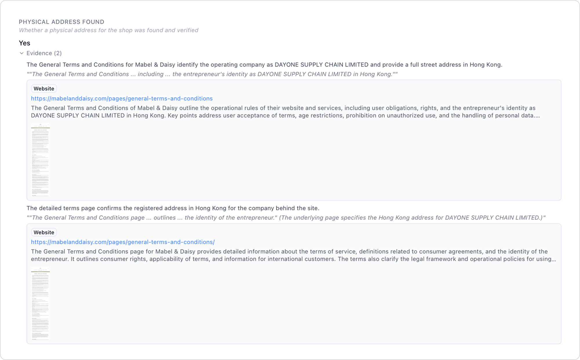 Physical address found section showing Terms and Conditions cross-reference