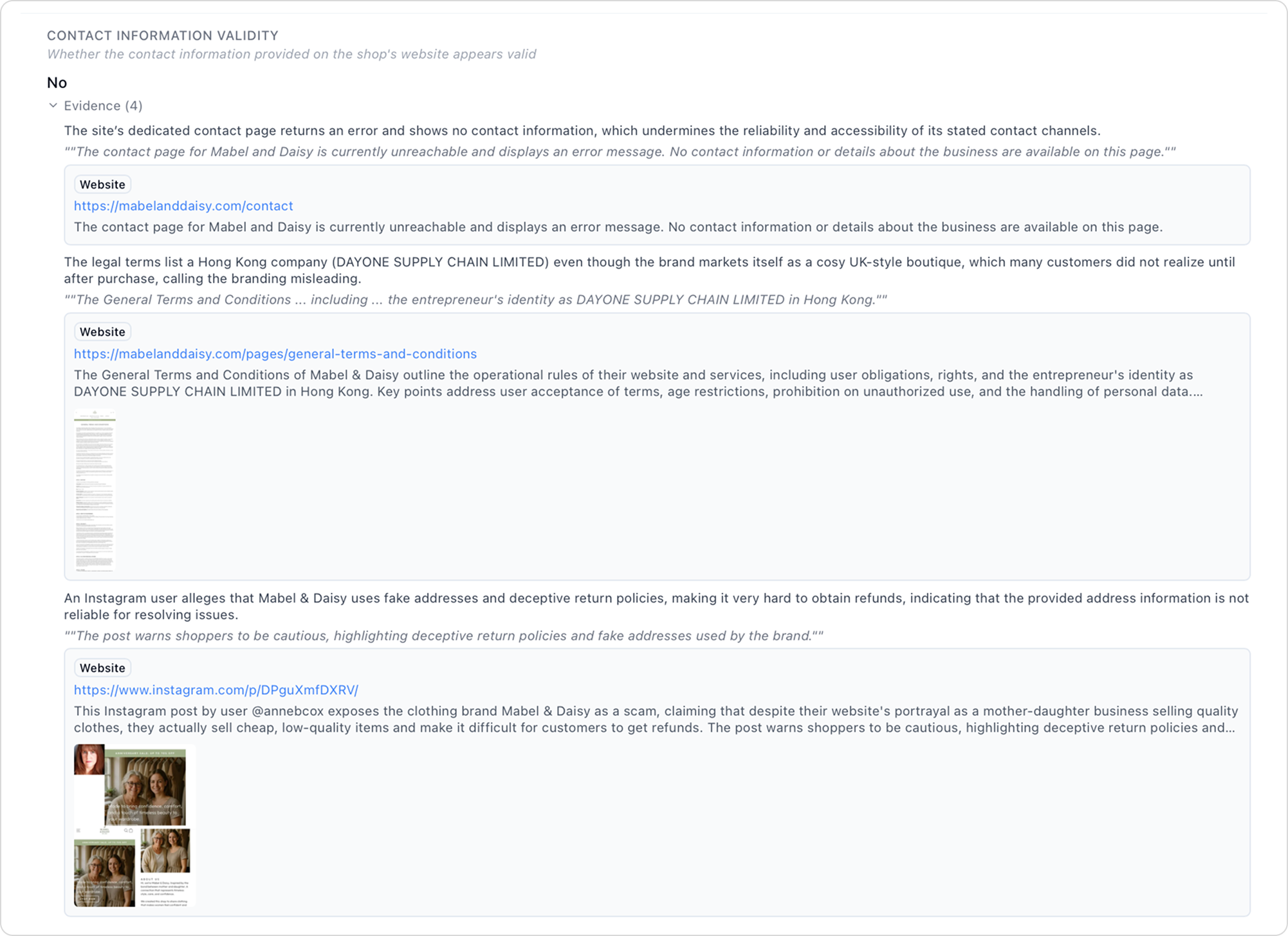 Contact information validity section showing failed verification and Instagram evidence