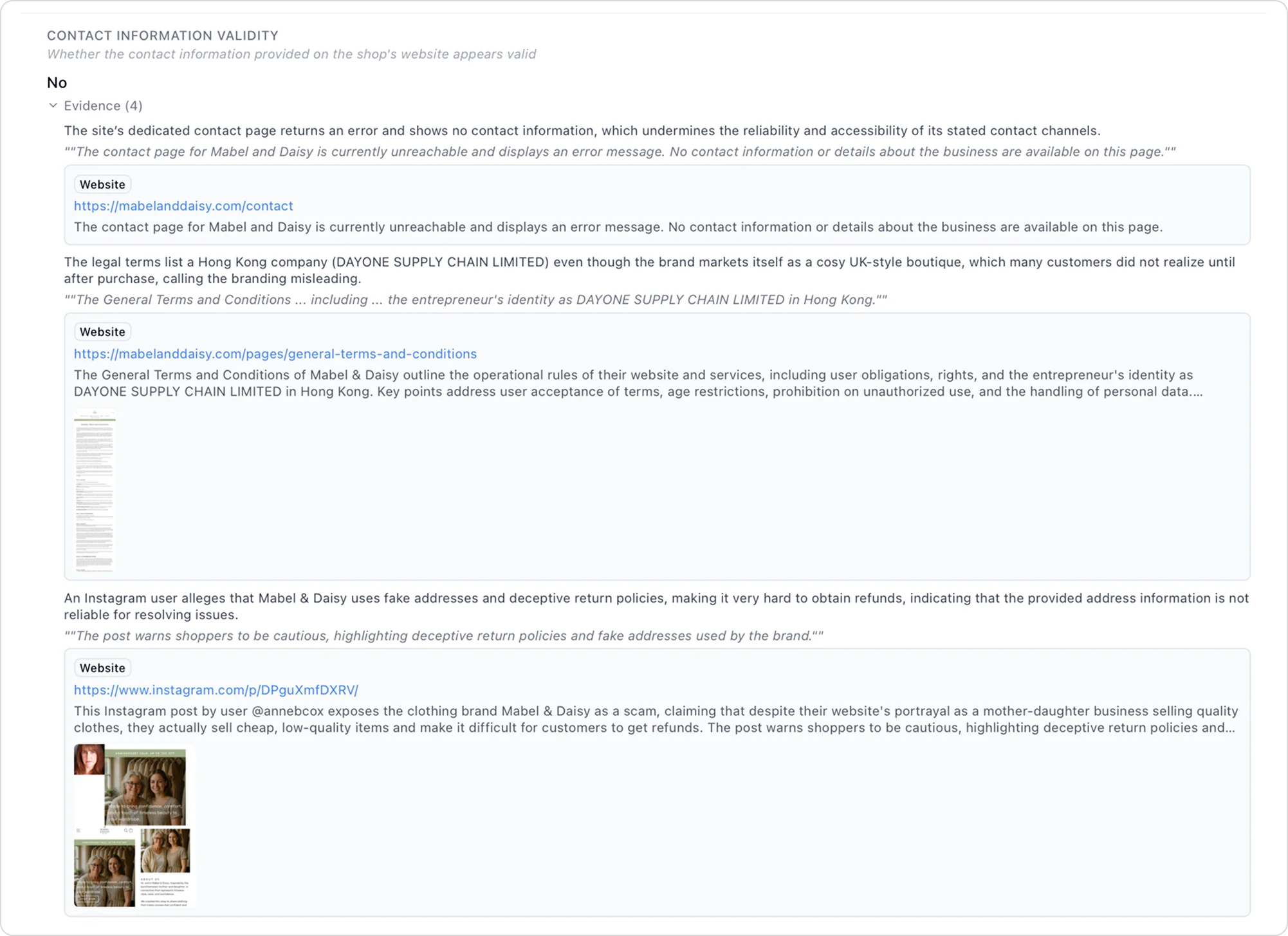 Contact information validity section showing failed verification and Instagram evidence