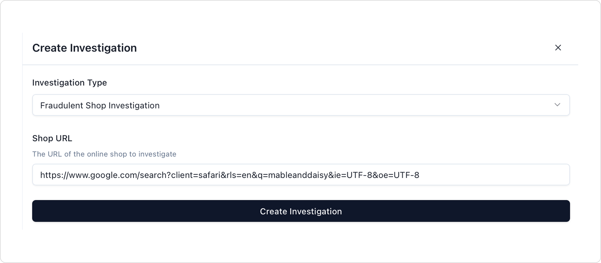 Create Investigation modal with URL input field