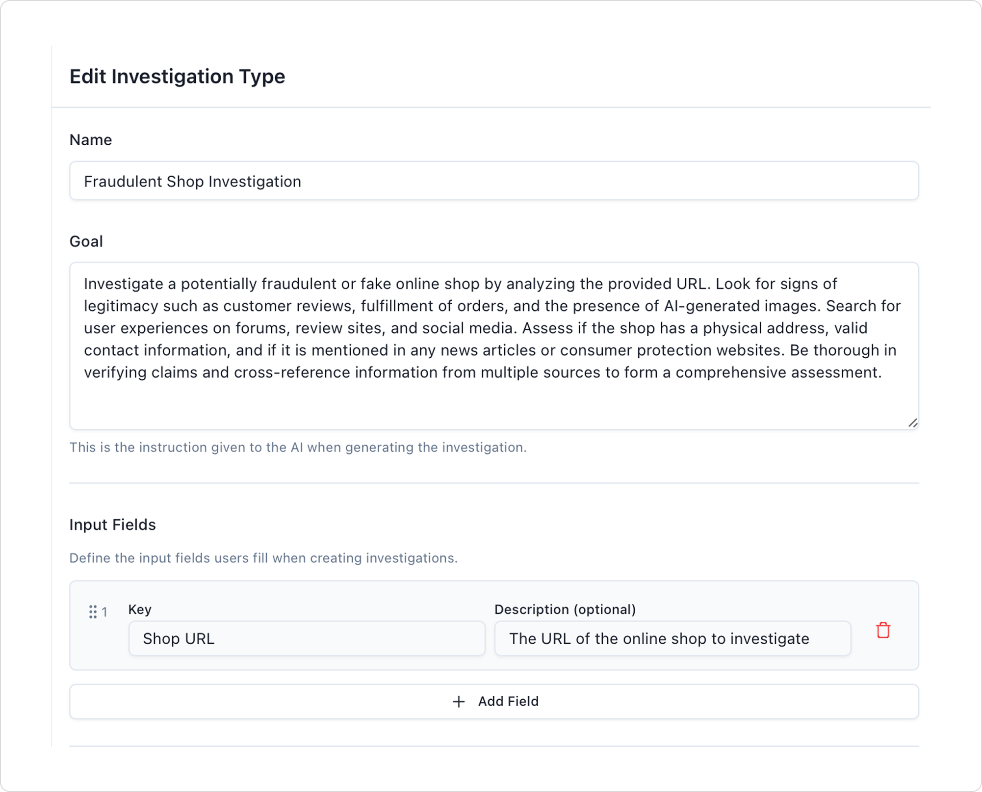 Edit Investigation Type form showing configuration options for fraud detection