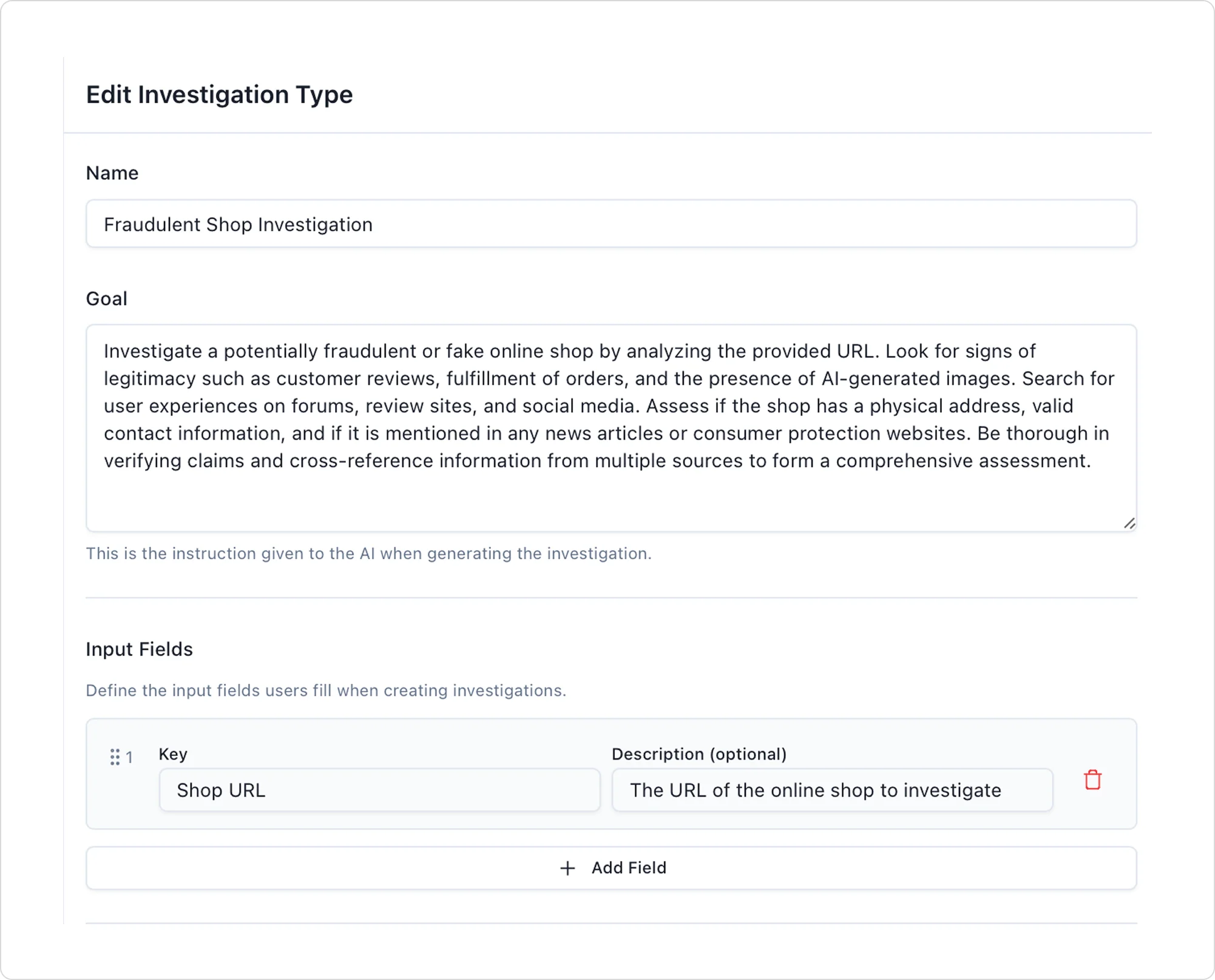 Edit Investigation Type form showing configuration options for fraud detection