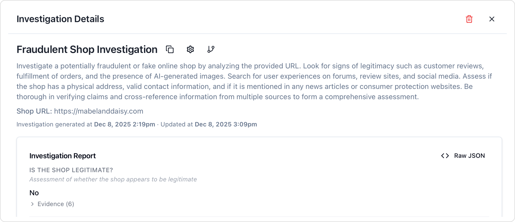 Investigation Details panel showing verdict: Is the shop legitimate? No