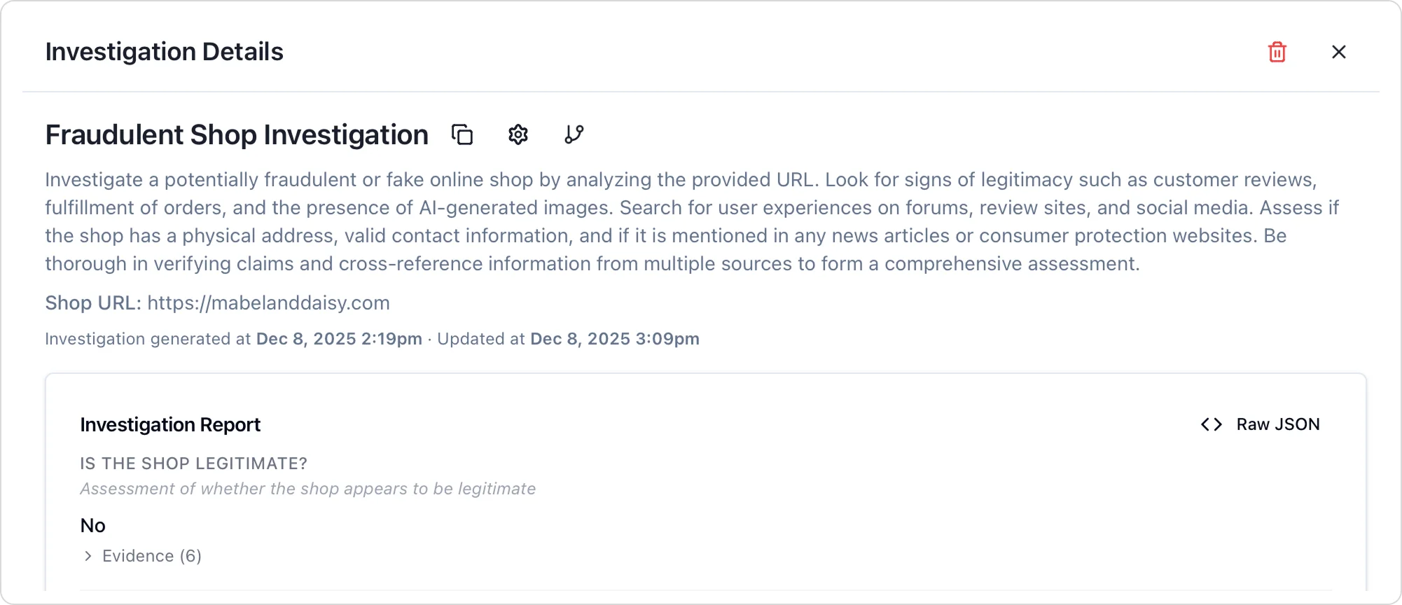 Investigation Details panel showing verdict: Is the shop legitimate? No