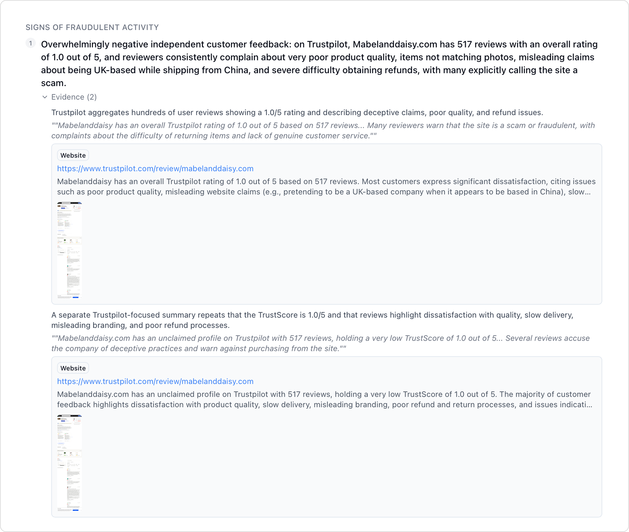 Expanded Trustpilot review evidence showing 517 reviews with 1.0/5 rating