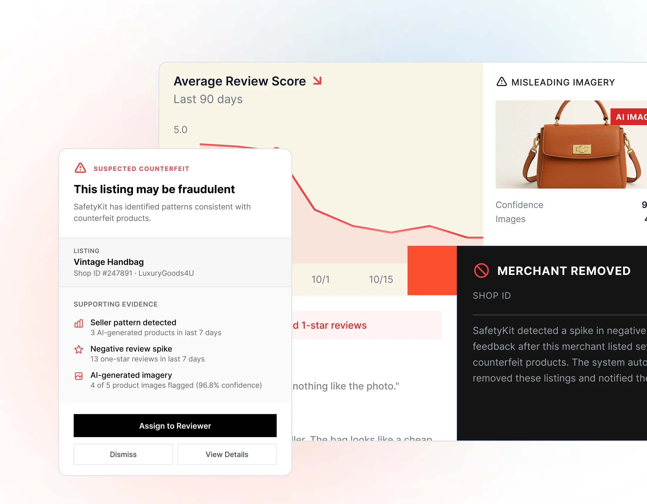 Investigation results showing merchant findings with MCC mismatch and product detection