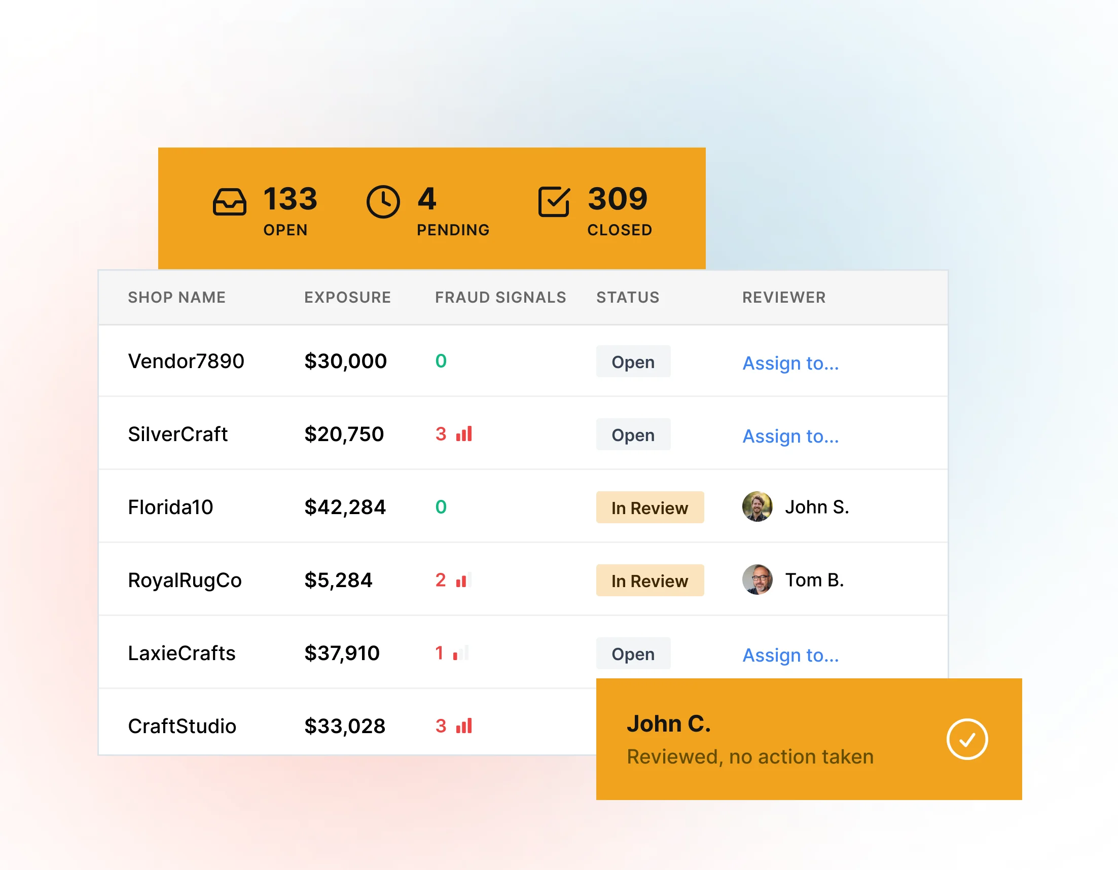 Portfolio dashboard showing merchant risk scores and investigation queue
