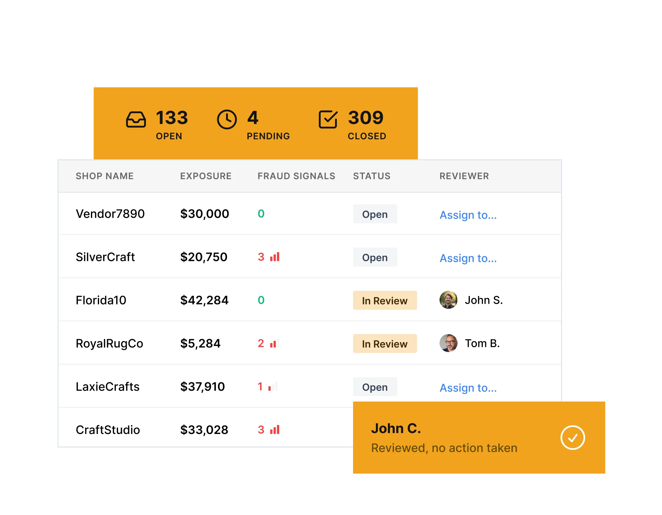 Portfolio dashboard showing merchant risk scores and investigation queue