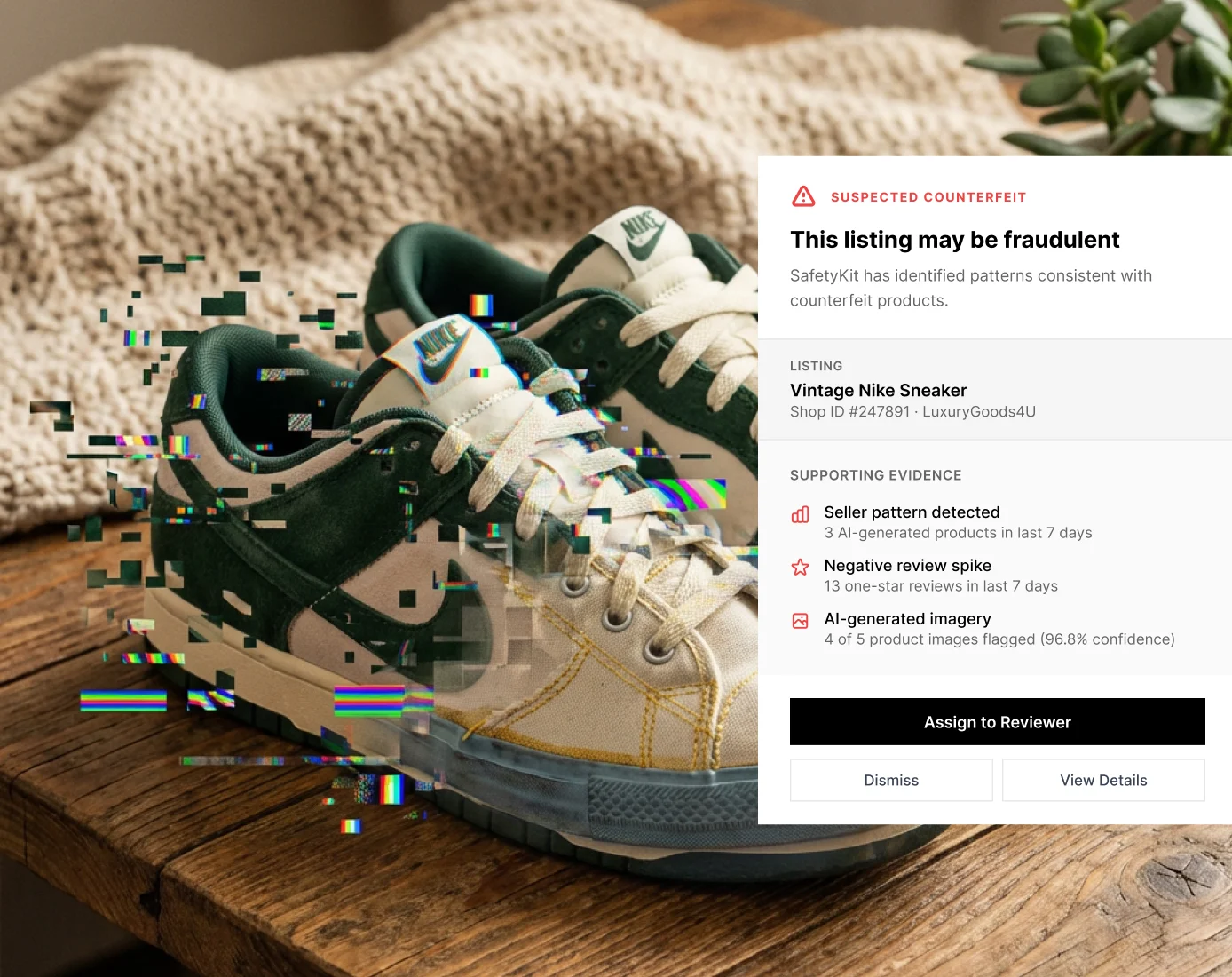 Product listing with AI fraud detection alert overlay showing suspected counterfeit warning, seller pattern detection, negative review spike analysis, and AI-generated imagery indicators