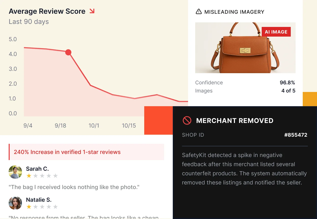 Merchant insights dashboard displaying fraud flags, violations, and pattern analysis across case history for identifying systemic fraud risks
