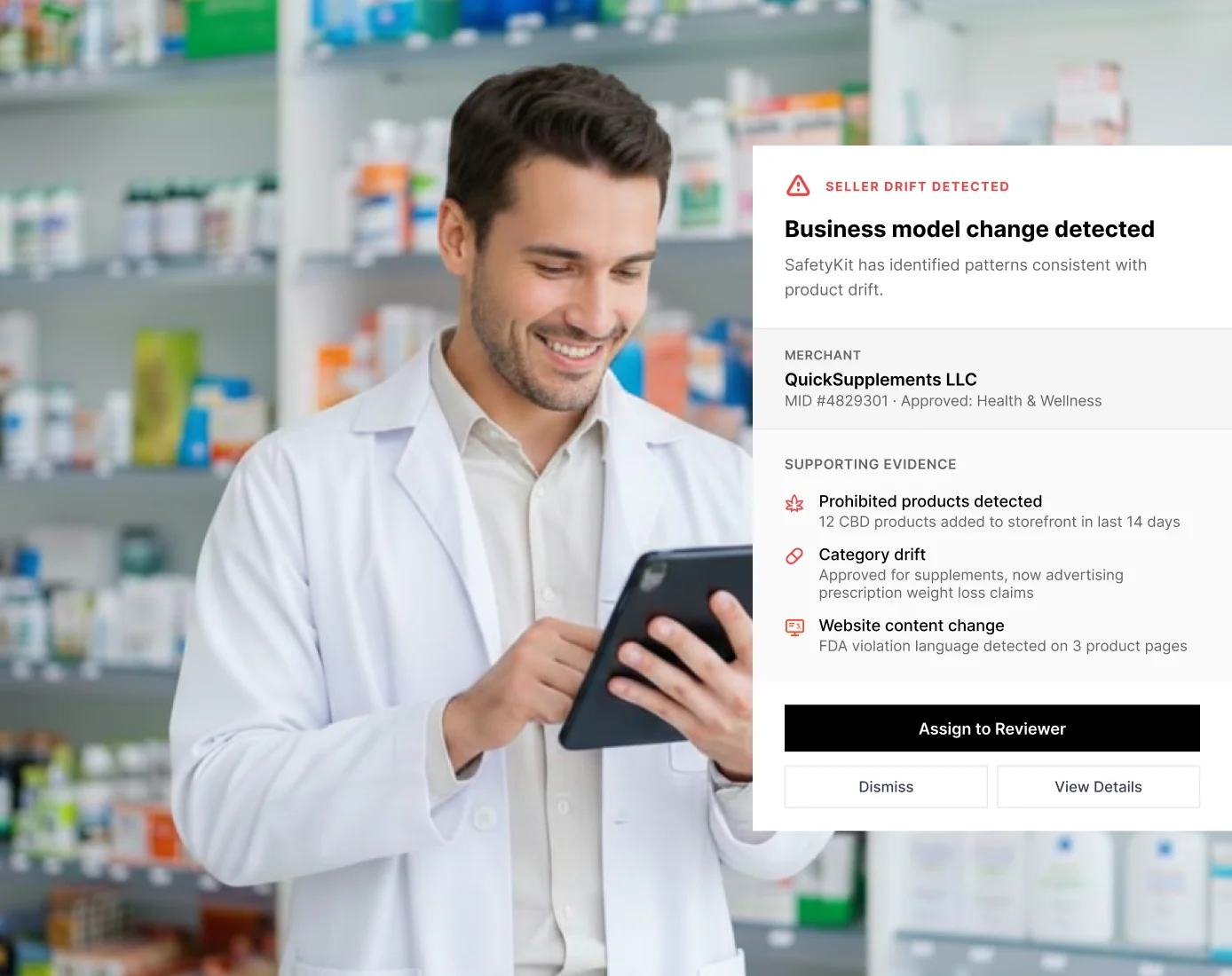 Merchant monitoring alert showing business model change detection for QuickSupplements LLC with prohibited products, category drift, and website content changes highlighted