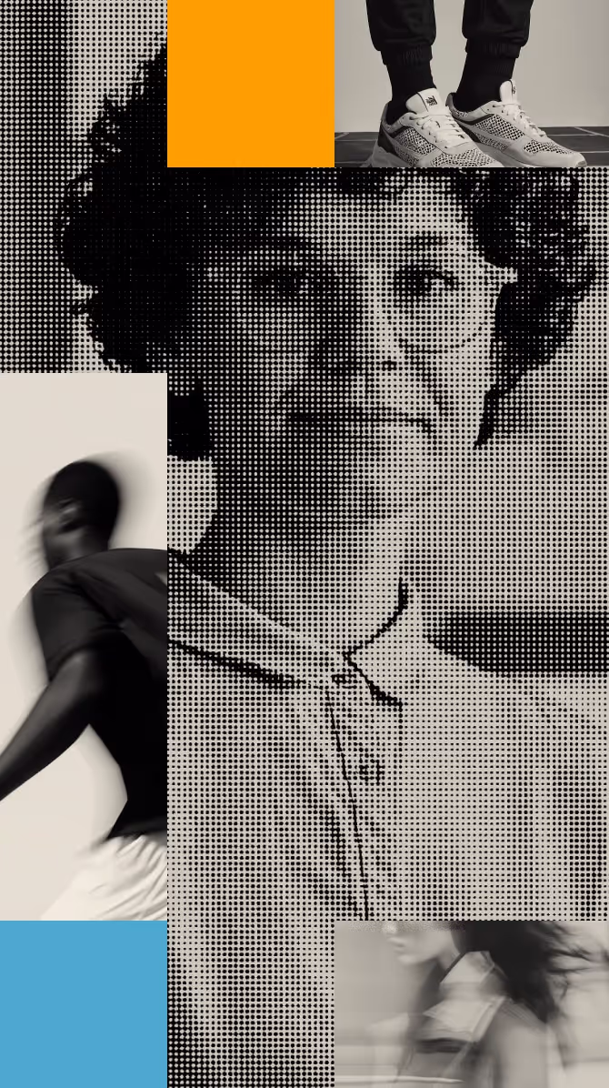 Stylised collage of people, shoes and city scenes reinforcing the message of platform safety and user trust